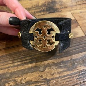 Black Leather Tory Burch Logo Cuff Bracelet